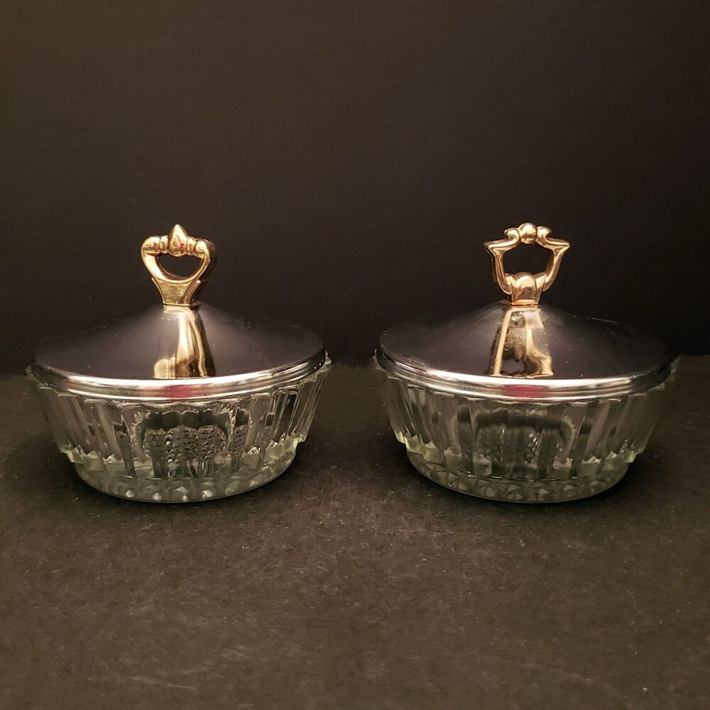 Pressed Glass Compote Candy Nut Trinket Dish Gold Handle Chrome Lid MCM Vintage
